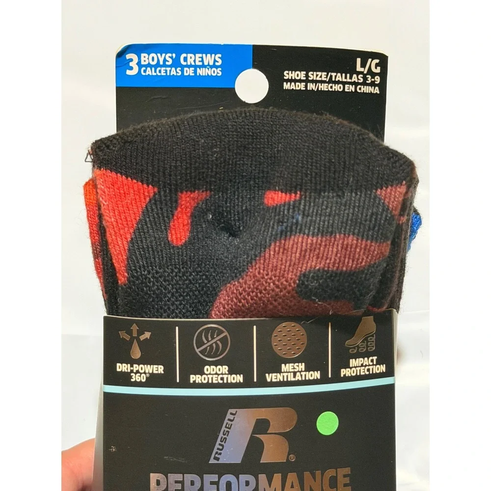 Russell Performance Active Crew Socks Red Camo Blue Stripe 3 Pair‎ Large Boys